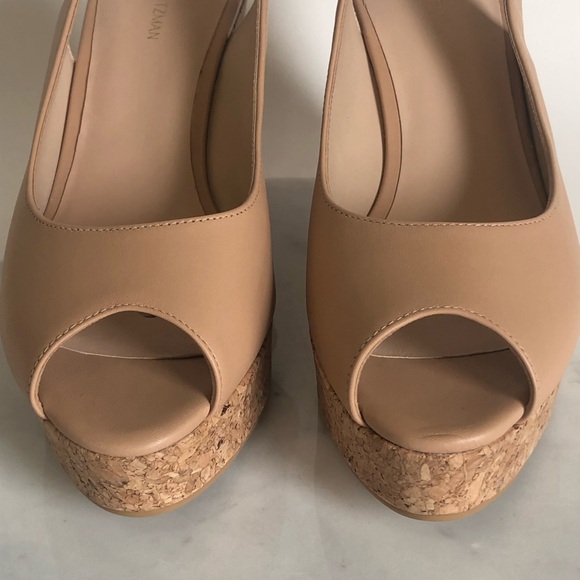 Stuart Weitzman Nude Peep Toe Slingback Wedge Sandals - Picture 7 of 17